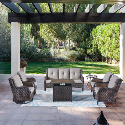 Patio Conversation Set 7-Piece with Fire Pit Table, Swivel Glider Chairs, Patio Chairs, Sofa and Side Table, NTC Series