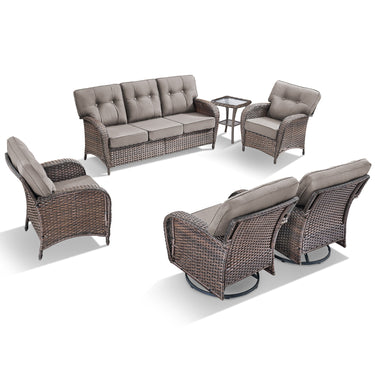 Brown all-weather PE wicker patio conversation set with 3-seater sofa, 2 swivel rockers, 2 chairs, and side table with grey cushions.