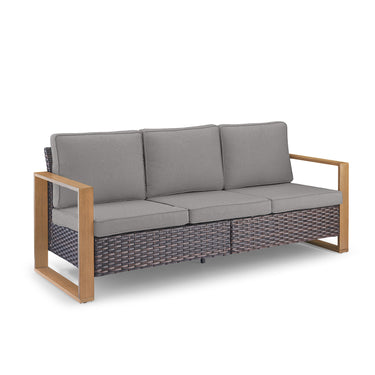 Belord deep-seat wicker patio sofa with grey cushions, wood grain frame, spacious 3-person outdoor conversation set.