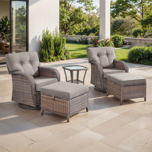 5-Piece Outdoor Patio Set: 2 Swivel Rocker Chairs + Side Table + 2 Ottomans – 5" Thick T-Back Cushions, All-Weather PE Wicker, T Series