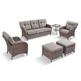 Belord T Series 5-piece patio conversation set with brown all-weather PE wicker, grey cushions, includes sofa, chairs, ottomans, and side table.