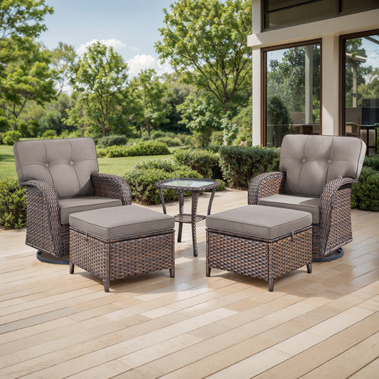 5-Piece Outdoor Patio Set: 2 Swivel Rocker Chairs + Side Table + 2 Ottomans – 5" Thick T-Back Cushions, All-Weather PE Wicker, T Series