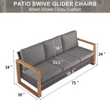 Belord deep-seat wicker patio sofa with brown wicker finish, gray cushions, and wood grain frame from the HOP Series.