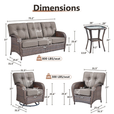 Belord luxury 6-piece patio conversation set with brown all-weather wicker, grey cushions, including sofa, swivel rockers, chairs, and side table.