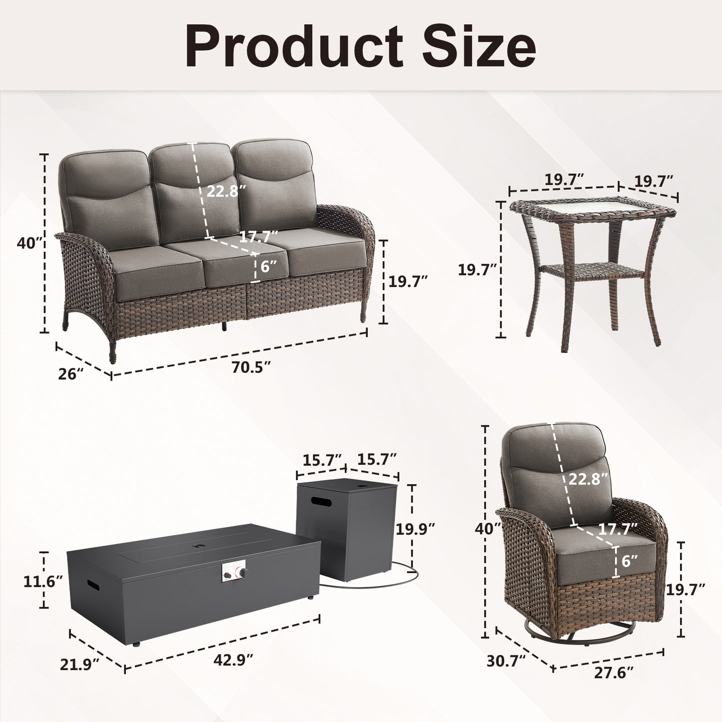 Spacious 8-Piece Patio Furniture Set with Split Fire Pit Table – High-Back Swivel Seating for Backyard Hosting, ND Series - Belord