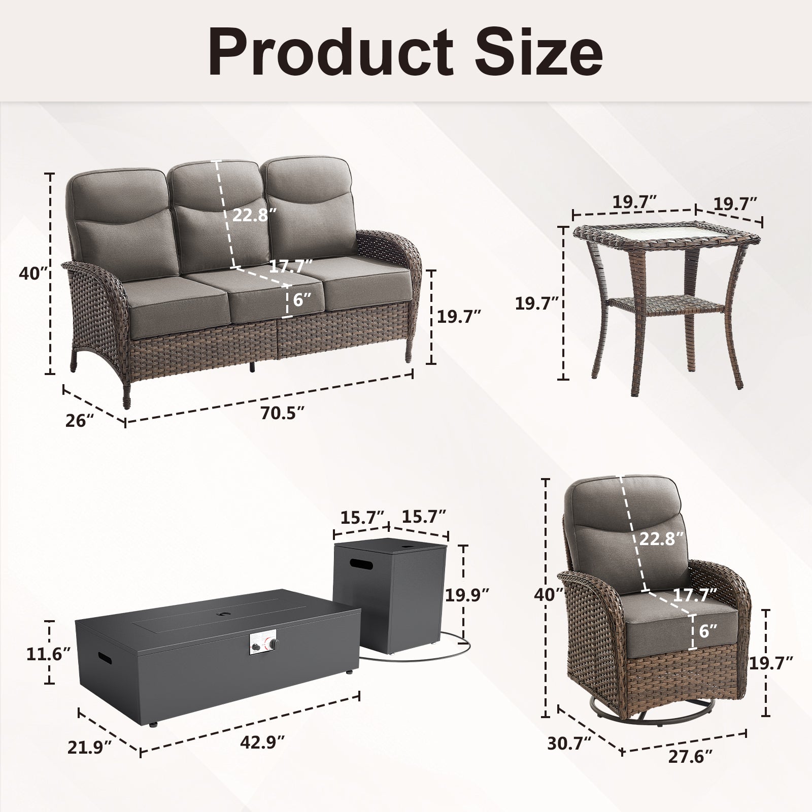 Spacious 8-Piece Patio Furniture Set with Split Fire Pit Table – High-Back Swivel Seating for Backyard Hosting, ND Series - Belord