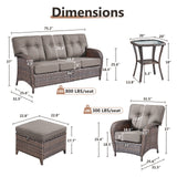 Belord T Series 5-piece patio conversation set with brown all-weather PE wicker, grey cushions, includes sofa, chairs, ottomans, and side table.