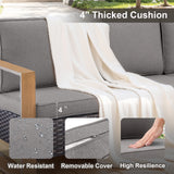 Belord deep-seat wicker sofa with gray cushions, wood grain frame, part of the HOP Series patio conversation set.