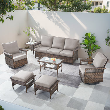 Patio Conversation Set 7-Piece with Sofa, Swivel Glider Chairs, Coffee Table, Side Table, and Ottoman, SS Series - Belord