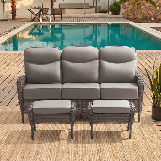 Modern 3-Piece Patio Sofa Set with Ottomans – Deep 6" Cushions, Waterproof Wicker for Relaxed Deck Lounging, ND Series - Belord