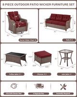 8-Piece Luxury Outdoor Wicker Set - 2 High Back Swivel Glider Chairs + 2 Rattan Sofa, Coffee Table & Ottoman, Ovolo Series - Belord
