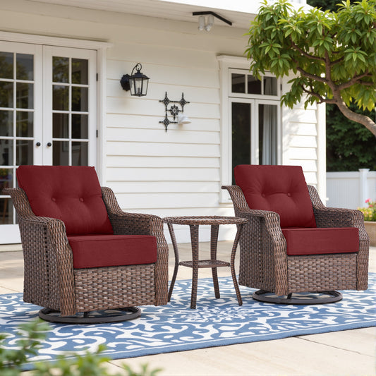 Luxury 3-Pc Outdoor Wicker Swivel Glider Set - 2 High Back Patio Chairs with 6" Thick Cushions & Side Table, Ovolo Series