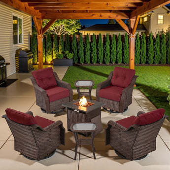 Luxury 7-Piece Outdoor Fire Pit Set - 4 Swivel Glider Chairs with 30" Propane Table & 6" Thick Cushions, Ovolo Series - Belord