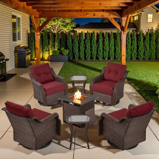 Luxury 7-Piece Outdoor Fire Pit Set - 4 Swivel Glider Chairs with 30" Propane Table & 6" Thick Cushions, Ovolo Series