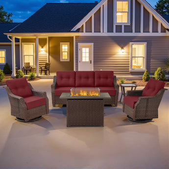 Luxury 5-Piece Outdoor Patio Set with Fire Pit Table - 41" Swivel Glider Chairs & Sofa, All-Weather Wicker with 6" Red Cushions, Ovolo Series - Belord