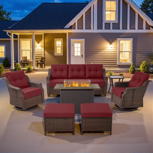 Outdoor Fire Pit Furniture Set - 7pc w/Swivel Glider Chairs & Thick 6" Cushions, Ovolo Series