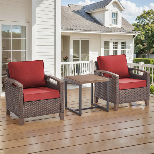 BBR Series 3-Piece Patio Set: 2 Swivel Chairs + Side Table - PE Wicker with Thick Cushions & Weather-Resistant Metal Frame