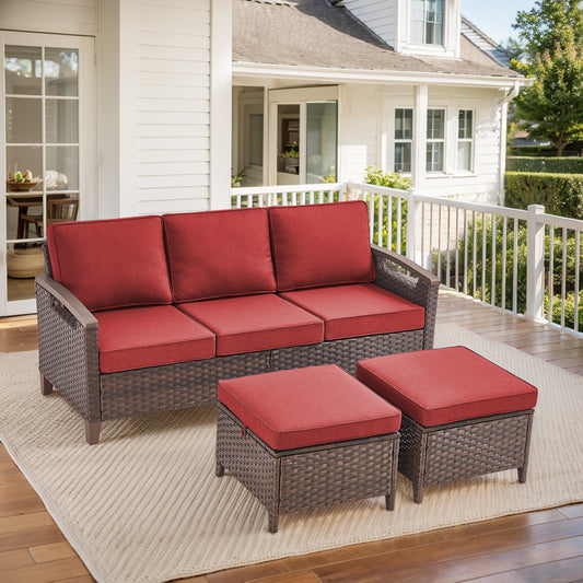 BBR Series 3-Piece Patio Set: 1 Sofa + 2 Ottomans - PE Wicker with Thick Cushions