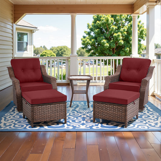 Luxury 5-Pc Rattan Patio Set - 2 Swivel Glider Chairs with Ottoman & Tempered Glass Side Table, 6" Premium Removable Cushions, Ovolo Series
