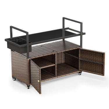 Outdoor Wicker Bar Cart Table with 4 Lockable Directional Wheels & Removable Ice Bucket - Belord