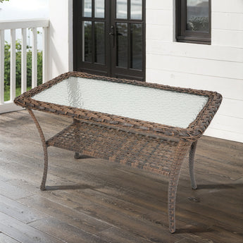 Belord 38-inch outdoor wicker coffee table with tempered glass top, lower shelf, all-weather PE rattan in a patio conversation set.