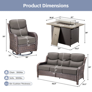 Belord 4-piece patio fire pit set with brown sofa and swivel chairs, wind glass table, versatile outdoor fire table set.