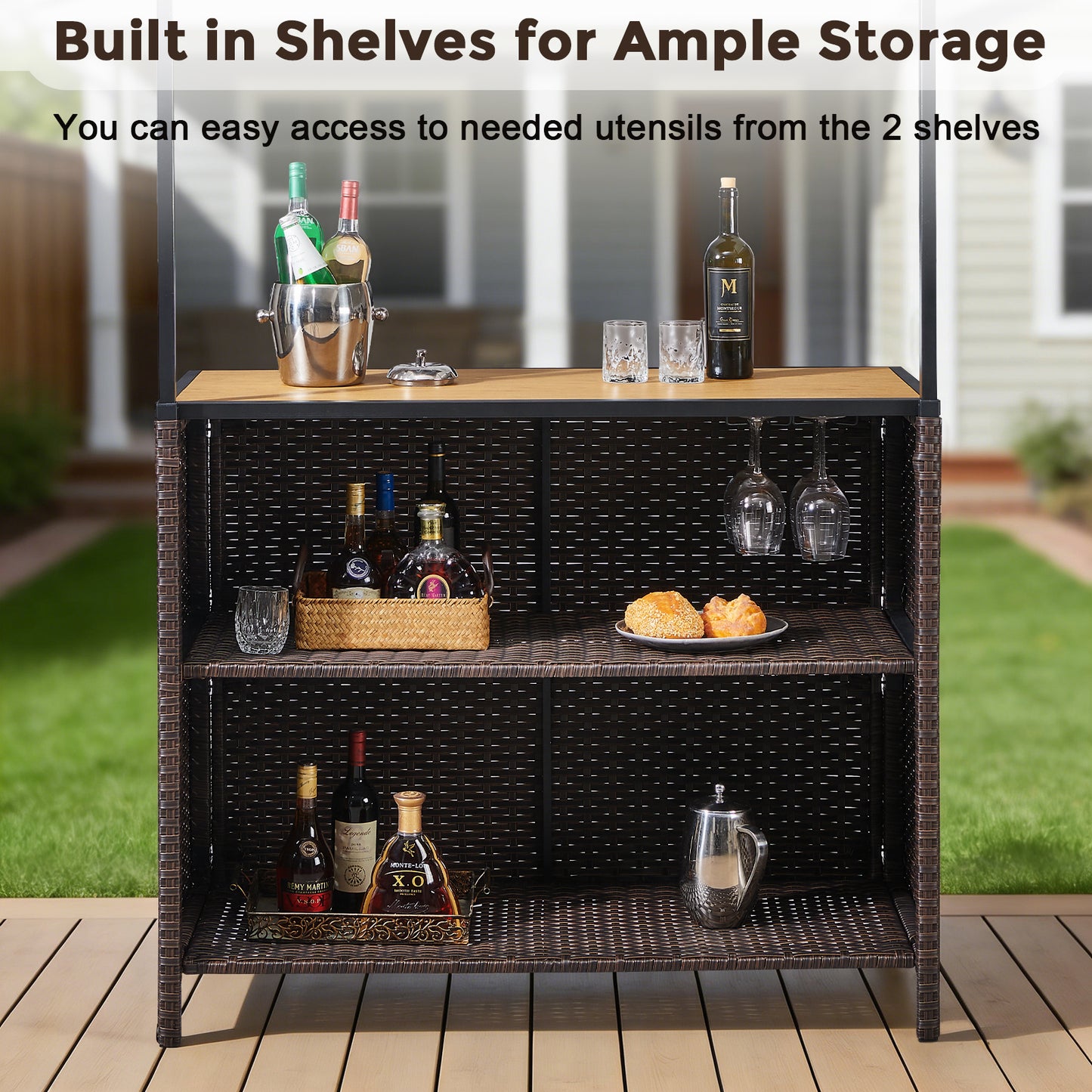 Belord 3-Piece Outdoor Tiki Bar Set, All-Weather Wicker Patio Bar with Palapa Canopy, Stools & Storage