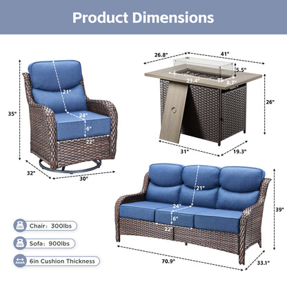 4PCS Outdoor Patio Fire Pit Set for Garden Parties, Rattan Sofa & Swivel Chairs with Rectangular Fire Table and Wind Glass, NT Series