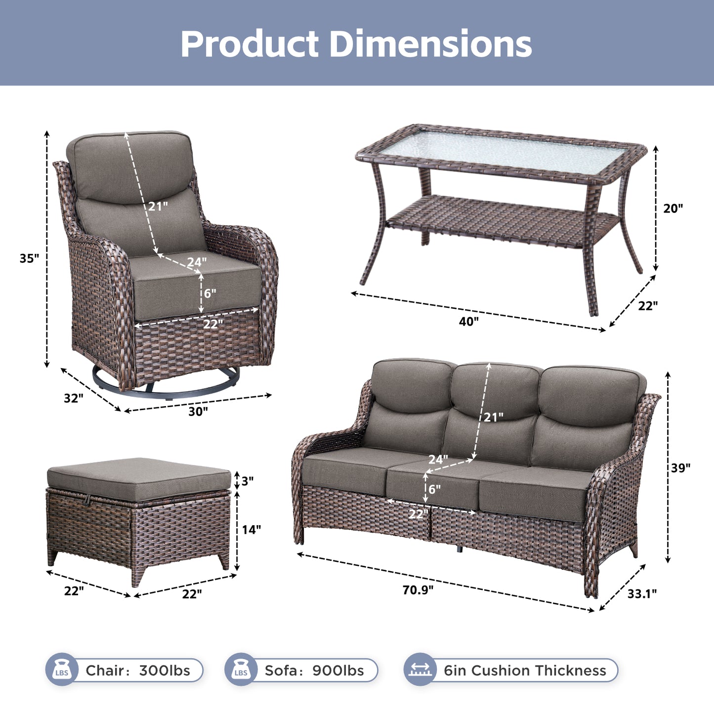 Premium Outdoor 8PCS Sofa Set with Coffee Table for Garden & Deck – 6" Cushion Comfort, NT Series