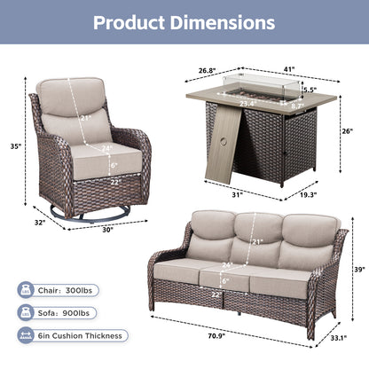 4PCS Outdoor Patio Fire Pit Set for Garden Parties, Rattan Sofa & Swivel Chairs with Rectangular Fire Table and Wind Glass, NT Series