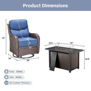 Belord 5-piece patio fire pit set with four brown swivel chairs and fire table, perfect for outdoor gatherings.