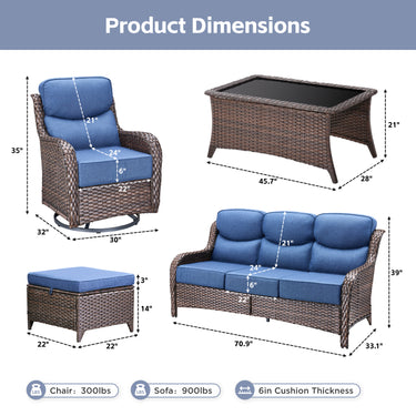 Belord 8-piece patio sofa set with brown cushions, including 4 swivel chairs, coffee table, and ottomans for outdoor comfort.