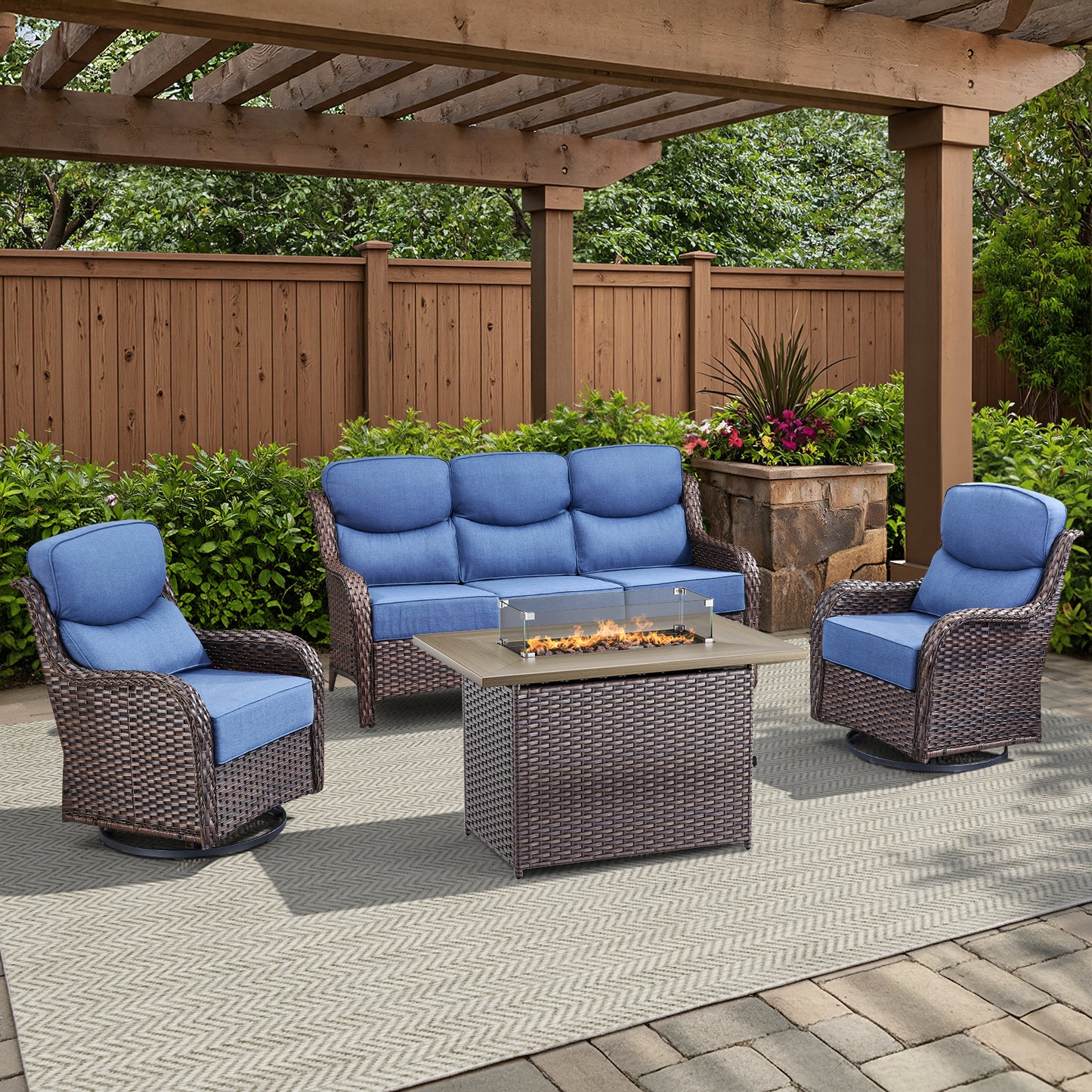 4PCS Outdoor Patio Fire Pit Set for Garden Parties, Rattan Sofa & Swivel Chairs with Rectangular Fire Table and Wind Glass, NT Series