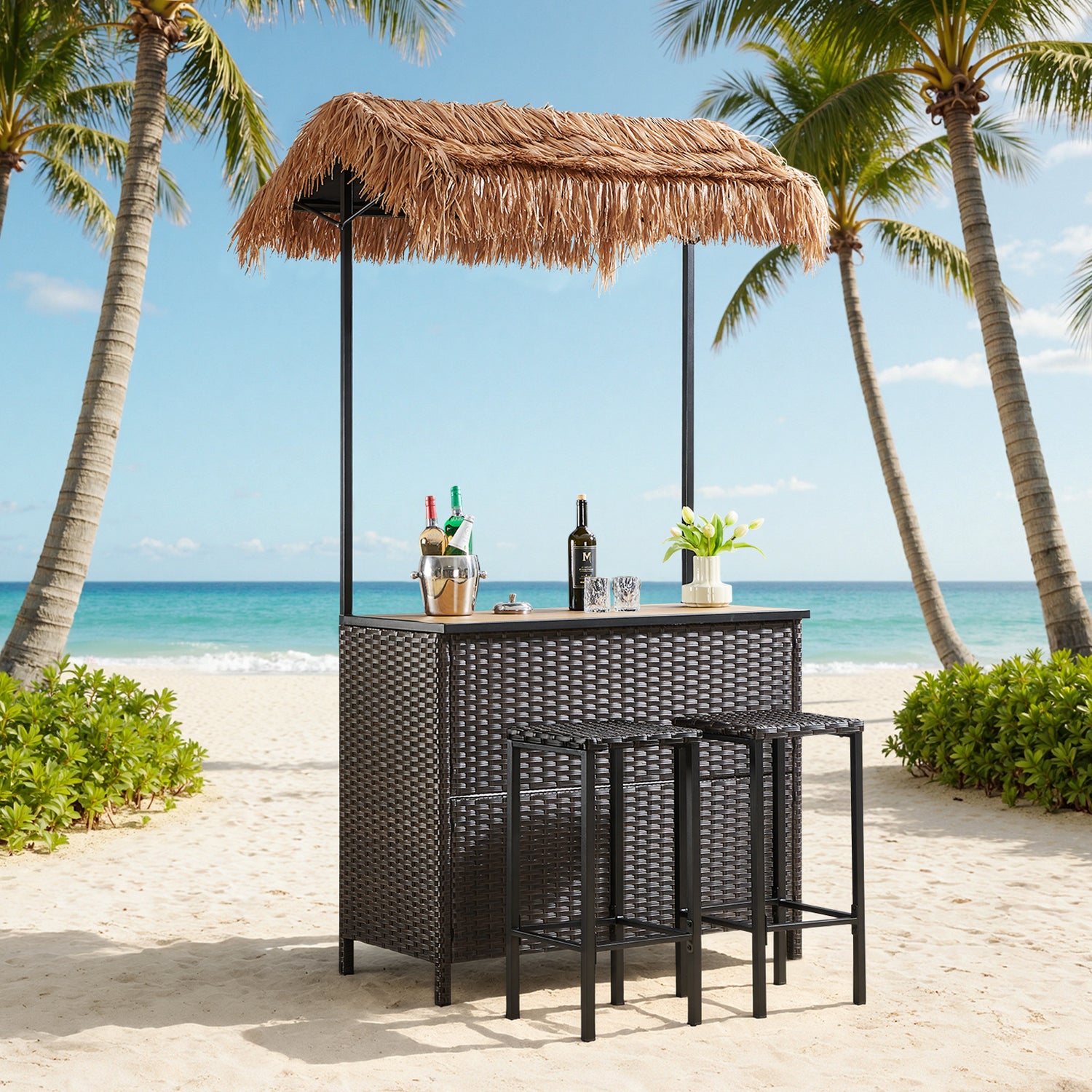 Belord 3-Piece Outdoor Tiki Bar Set, All-Weather Wicker Patio Bar with Palapa Canopy, Stools & Storage - Belord