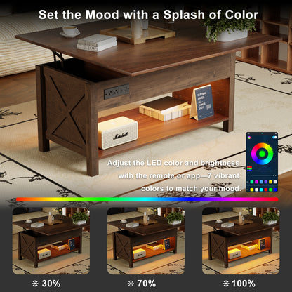 Save 50% - 4-in-1 Lift Top Coffee Table with LED Lights & Charging Station, White Center Table with Hidden Storage for Living Room & Office