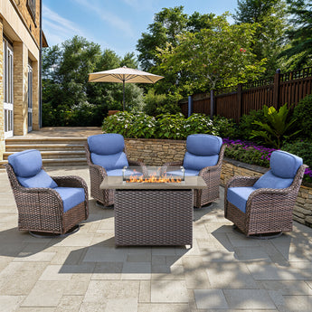 Belord 5-piece patio fire pit set with four all-weather swivel chairs and a brown fire table for outdoor gatherings.