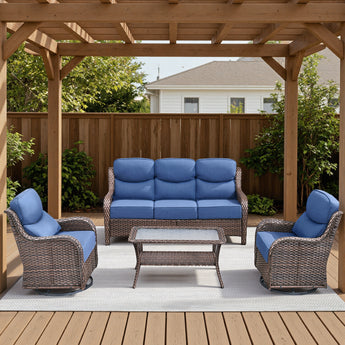 Belord 4-piece patio rattan sofa set with swivel chairs, brown outdoor conversation set for garden relaxation and entertaining.