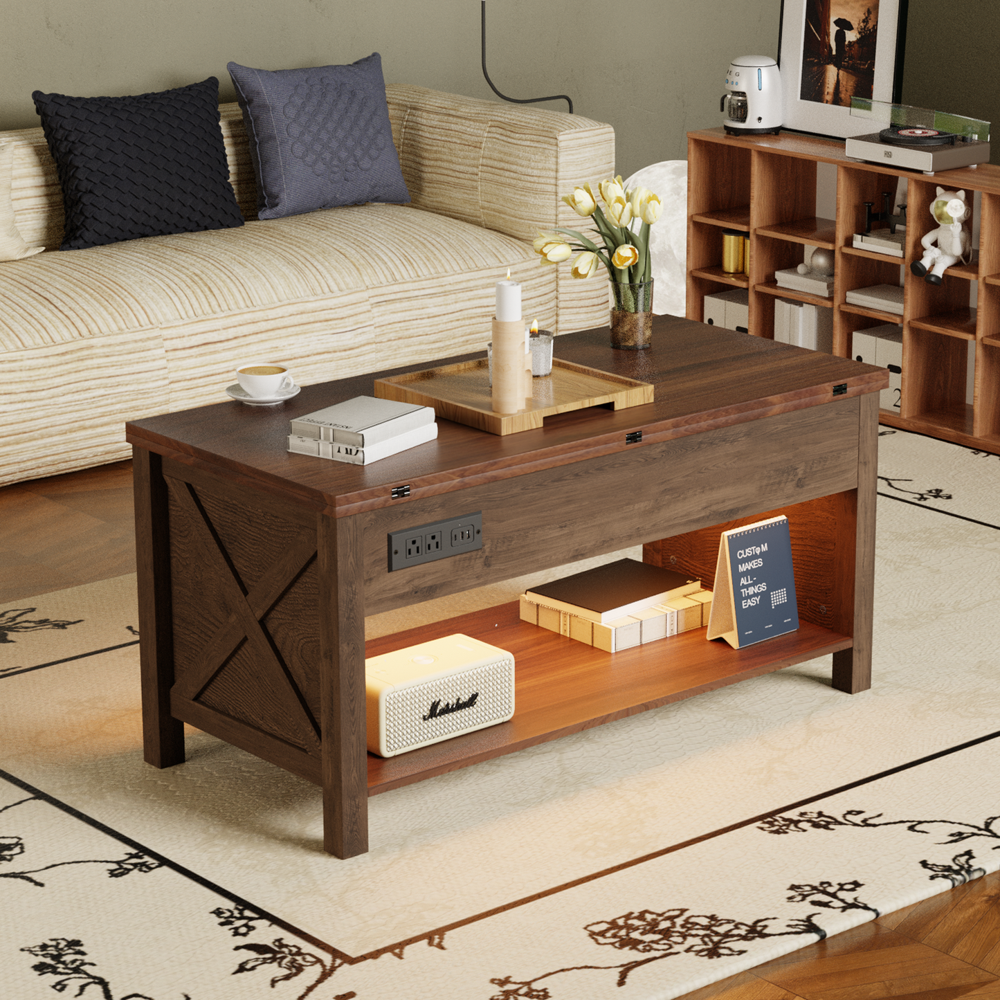 Save 50% - 4-in-1 Lift Top Coffee Table with LED Lights & Charging Station, White Center Table with Hidden Storage for Living Room & Office