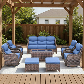 Belord 8-piece patio sofa set with brown cushions, includes four swivel chairs, coffee table, and ottomans for outdoor seating.