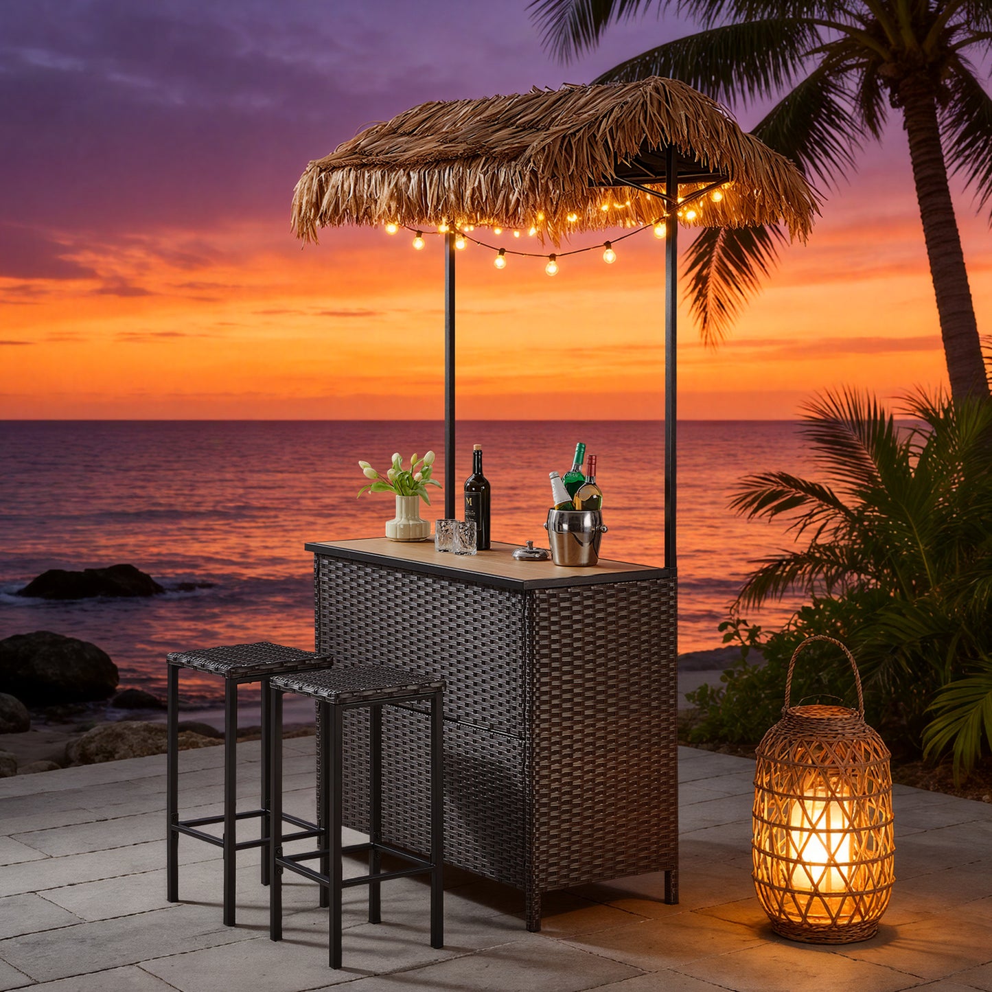Belord 3-Piece Outdoor Tiki Bar Set, All-Weather Wicker Patio Bar with Palapa Canopy, Stools & Storage