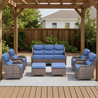 Belord 7-piece patio wicker sofa set with brown finish, includes 4 swivel chairs and 2 ottomans for outdoor conversation.