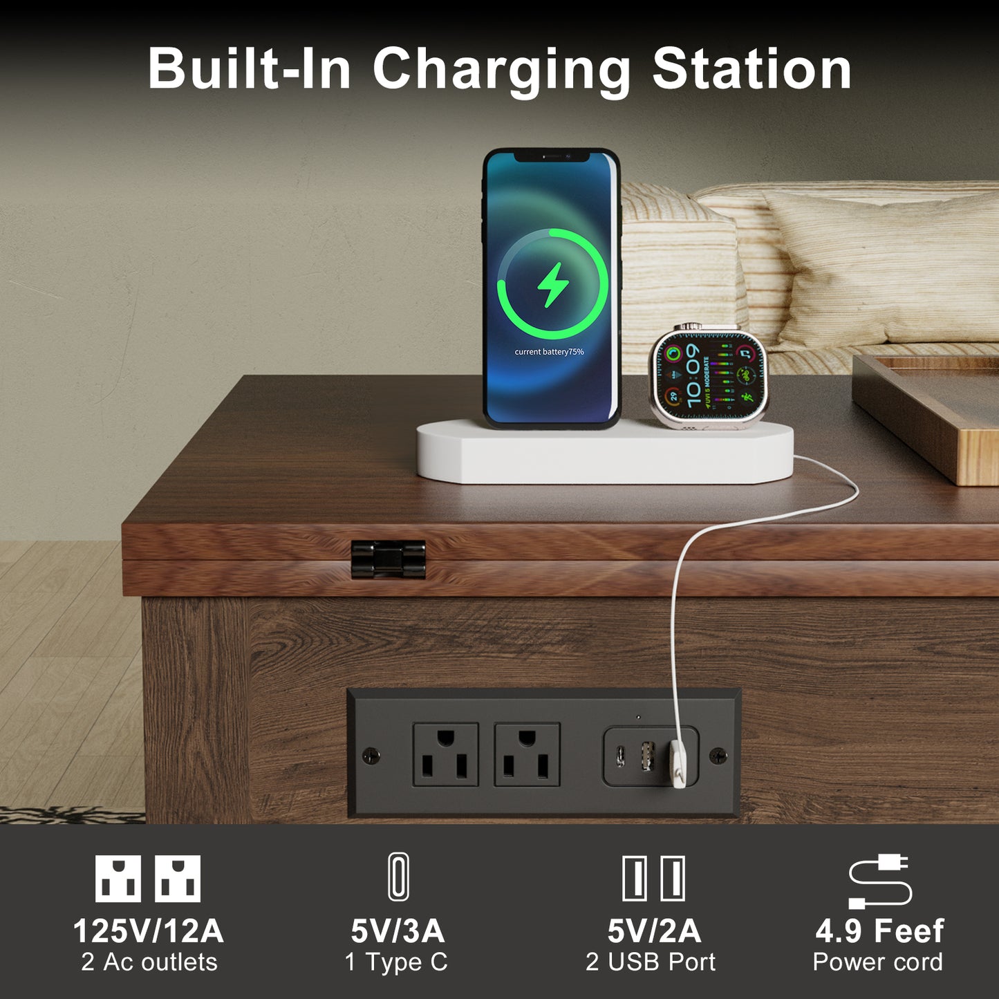 Save 50% - 4-in-1 Lift Top Coffee Table with LED Lights & Charging Station, White Center Table with Hidden Storage for Living Room & Office