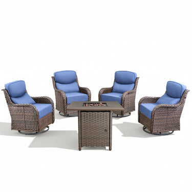 Belord 5-piece garden fire pit set with brown swivel chairs and rattan table, patio fire table set for outdoor gatherings.