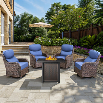 Belord 5-piece patio fire pit set with four swivel chairs and a square fire table in brown, perfect for outdoor gatherings.