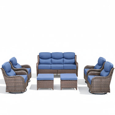 Belord 7-piece patio wicker sofa set with brown finish, including 4 swivel chairs and 2 ottomans for outdoor conversation.