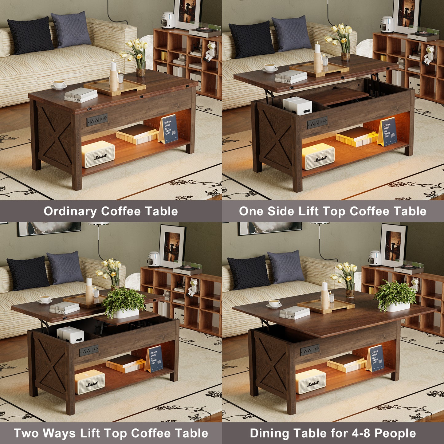 Save 50% - 4-in-1 Lift Top Coffee Table with LED Lights & Charging Station, White Center Table with Hidden Storage for Living Room & Office