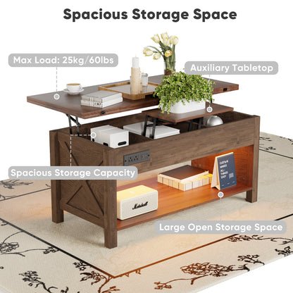 Save 50% - 4-in-1 Lift Top Coffee Table with LED Lights & Charging Station, White Center Table with Hidden Storage for Living Room & Office