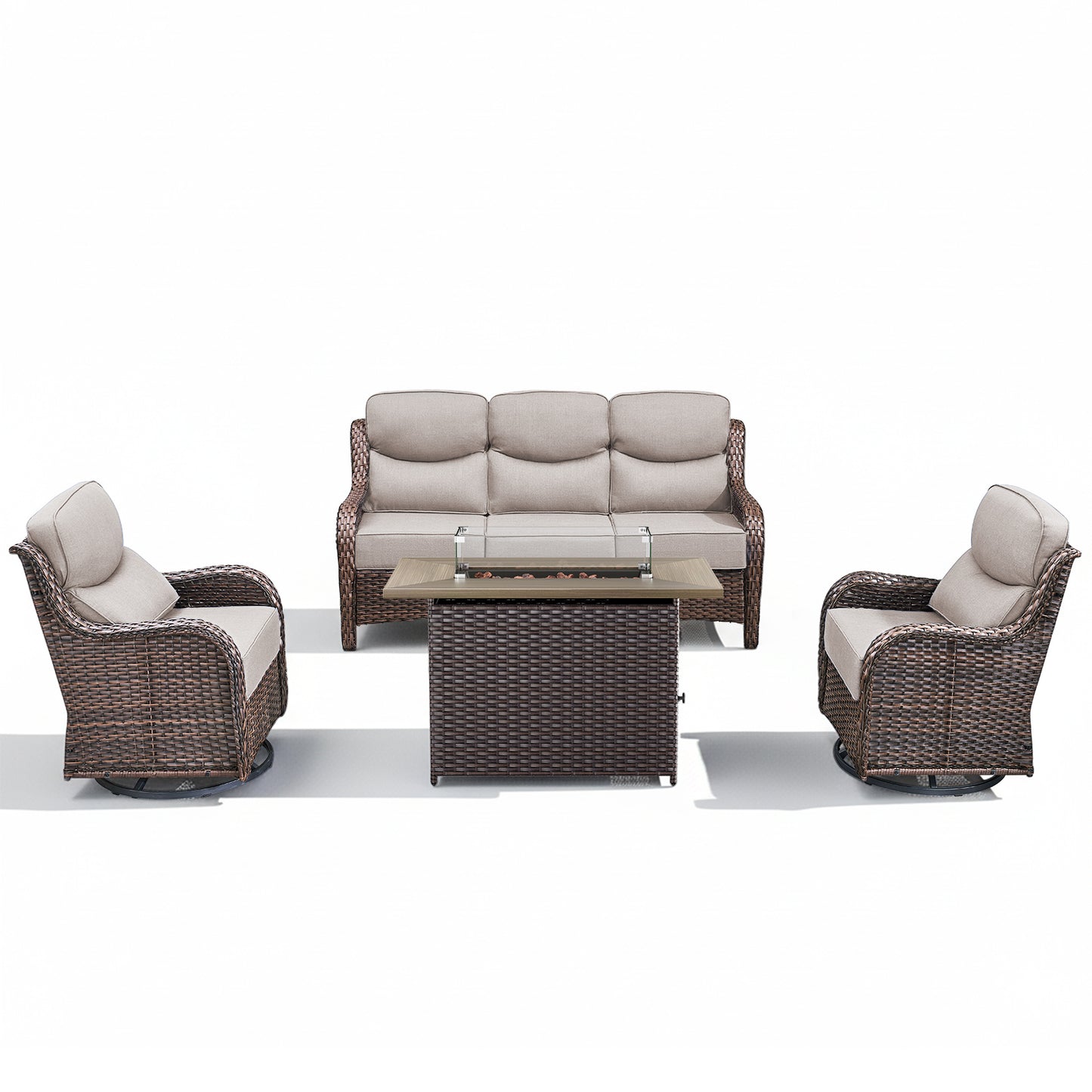 4PCS Outdoor Patio Fire Pit Set for Garden Parties, Rattan Sofa & Swivel Chairs with Rectangular Fire Table and Wind Glass, NT Series