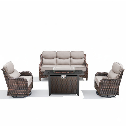 Premium Backyard Fire Pit Conversation Set for Cool Summer Nights, Sofa & Swivel Chairs with Metal Rectangular Fire Table, NT Series