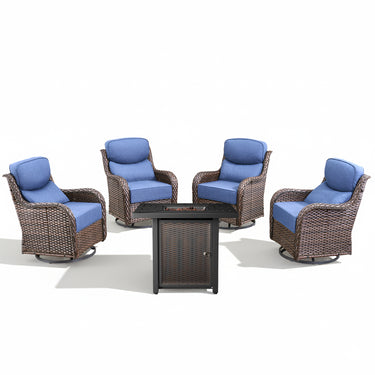 Belord 5-piece patio fire pit set with four swivel chairs and square table, brown outdoor fire table set for patio gatherings.